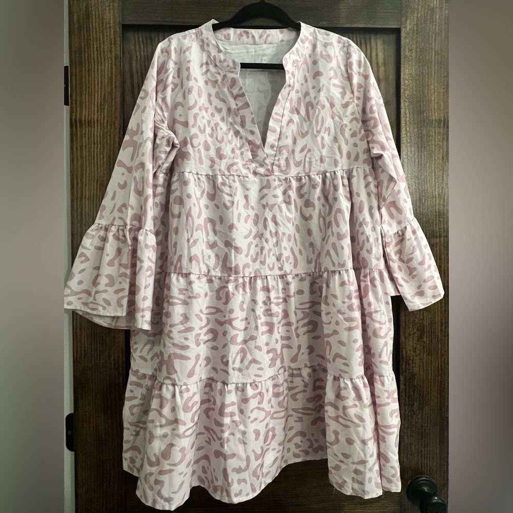 Pink Animal Print Boutique Dress, Ruffle Sleeves L